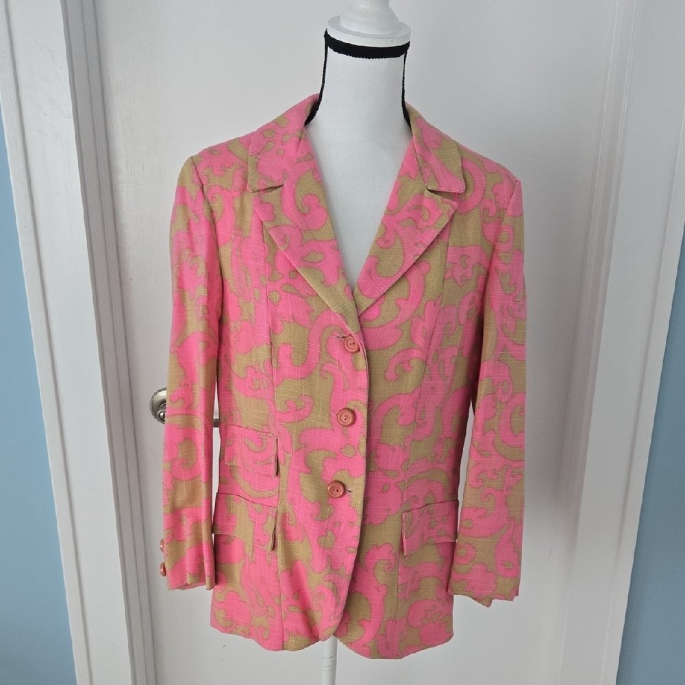 Zara Pink and Tan LINEN BLEND  Floral Structuted Vintage Women's Blazer Y2k